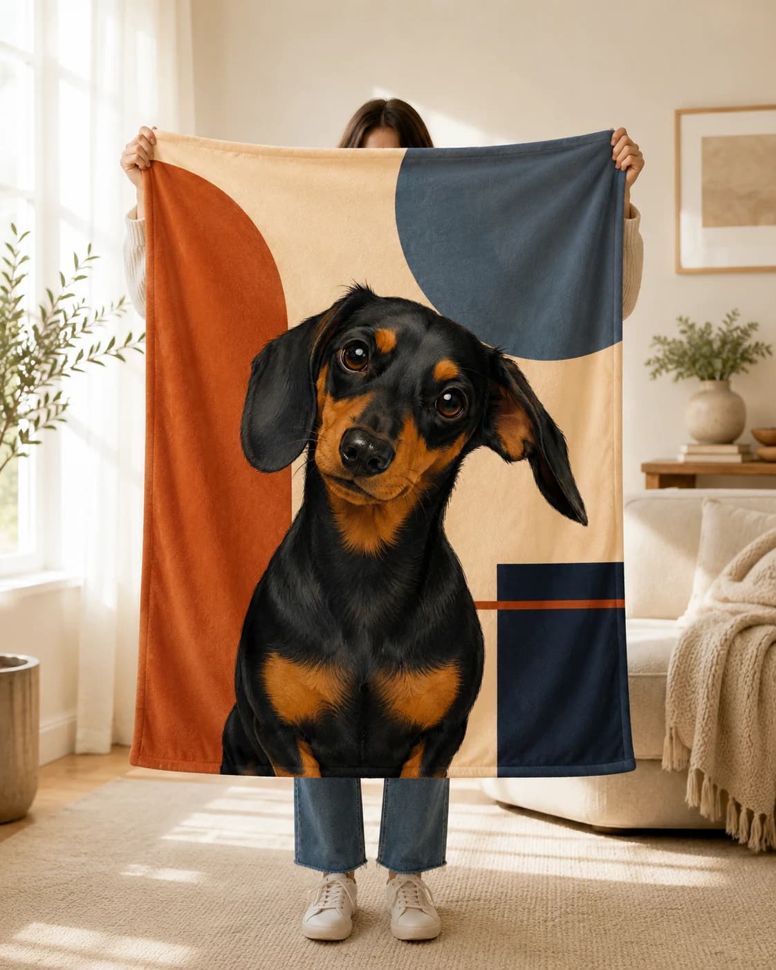 Mid-Century Modern Dachshund portrait printed on a soft art blanket