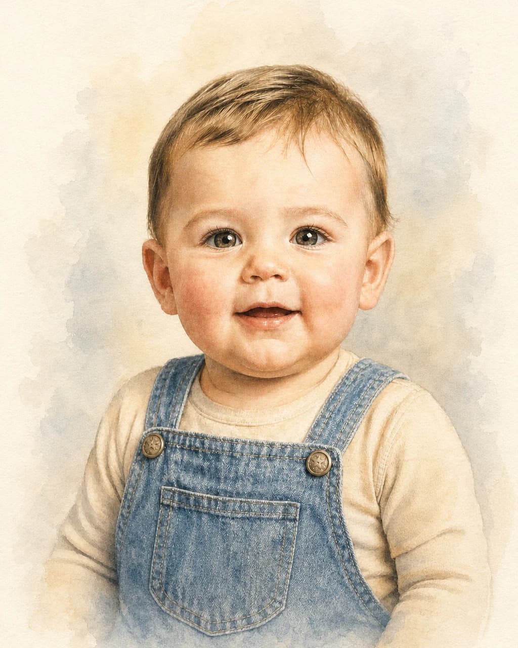 A watercolor portrait created from the restored baby photograph