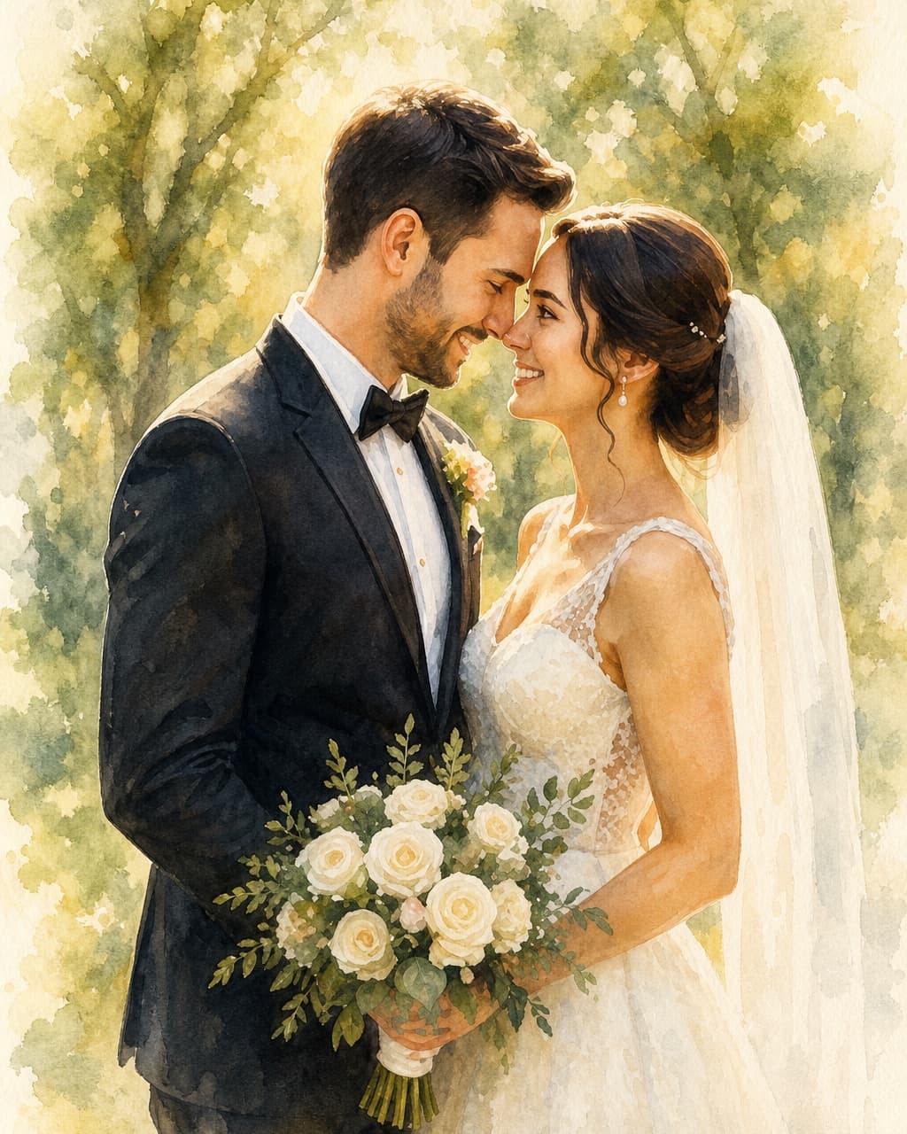 Wedding watercolor portrait in the Nature style
